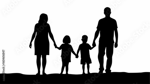 Silhouette of a family of four holding hands including mother father son and daughter on a white background