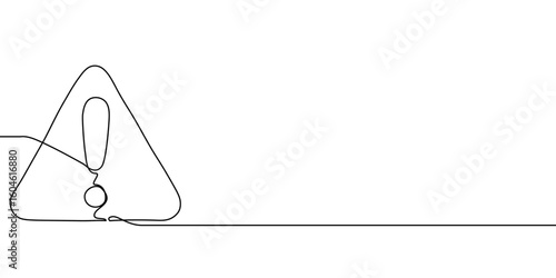 Continuous line exclamation attention stop sign caution danger alert mark icon. Exclamation line hazard point safety risk illustration important road triangle mistake error outline alarm drawing mark.
