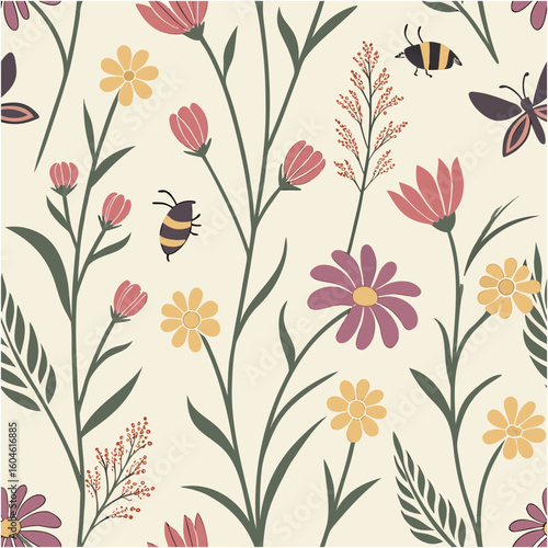 Floral pattern with flowers butterfly and bees nature inspired design vector illustration seamless background