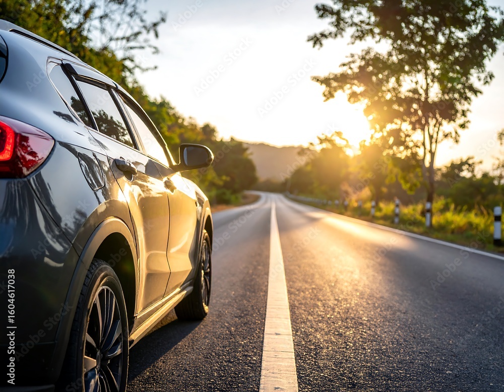 Fototapeta premium Gray car on a scenic road at sunset