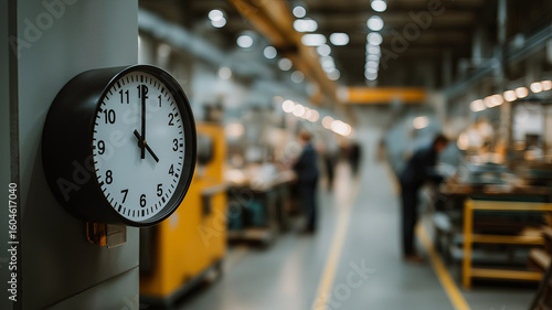 A close-up of an industrial clock showing the time, with a blurred factory floor and workers in the background.
