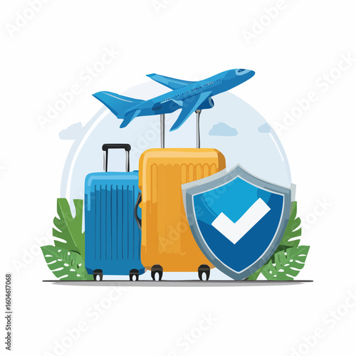 Vector illustration of a travel insurance concept with an airplane flying over suitcases and a security shield icon.