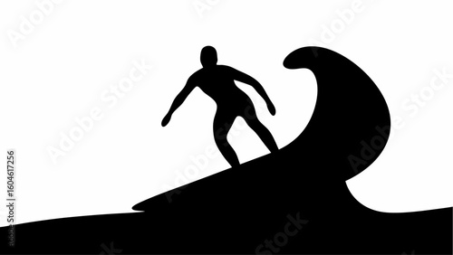 Silhouette of a surfer riding a wave in black and white minimalist design illustration of water sport
