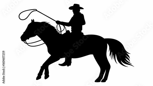 Silhouette of a cowboy riding a horse and holding a lasso on a white background illustration