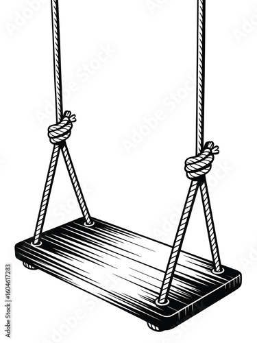 Black and white illustration of a wooden swing with ropes
