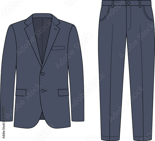 CAD fashion flat of men's blazer and trousers set, technical clothing sketch, formalwear vector, front view suit illustration