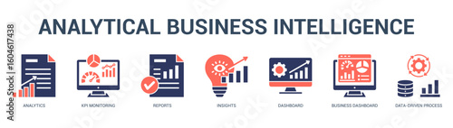 Analytical Business Intelligence Modern and clean web banner illustration featuring thematic icons for visual communication