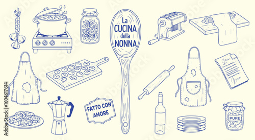 Grandma's Kitchen La Cucina della Nonna vector illustration set. Hand drawn vintage line art of Italian cooking elements like pasta maker, apron, and spoon for food and cultural design.