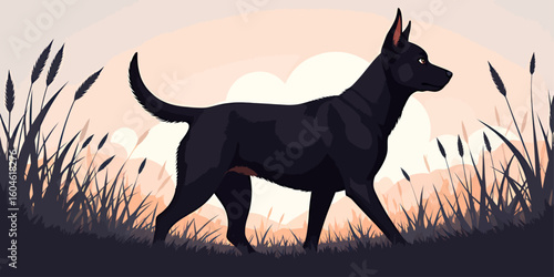 Lone Black Dog Walking in Golden Sunset Field