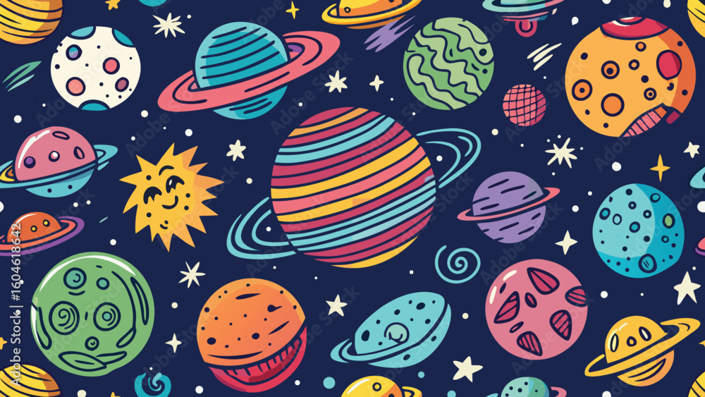 Naklejka premium Funky crayon drawn planets, asteroids, stars and constellations. Doodle outer space childish icons set. Crayon drawings of night sky or galaxy symbols. Childish cosmic illustration.astronomy, galaxy, 