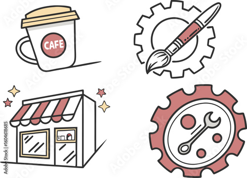 Cafe art shop and mechanical icons