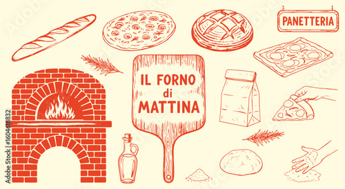 Italian Morning Bakery (Il Forno di Mattina) vector illustration set. Hand drawn vintage line art of bread, pizza, oven, and baking elements for menu, restaurant, and cooking design.