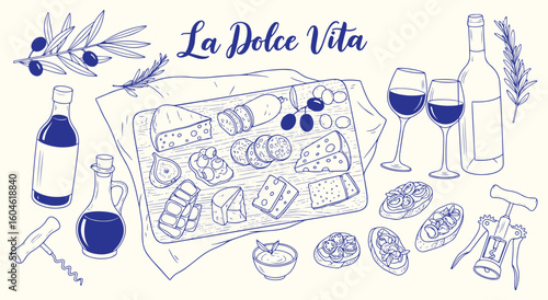 La Dolce Vita Italian food platter vector illustration. Hand drawn line art of a charcuterie board with cheese, salami, olives, and wine for menu, restaurant, and gourmet design projects.