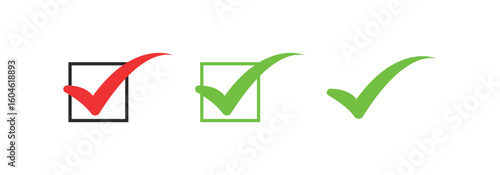 Check mark icons in various styles, checklist or approval symbols on selection boxes