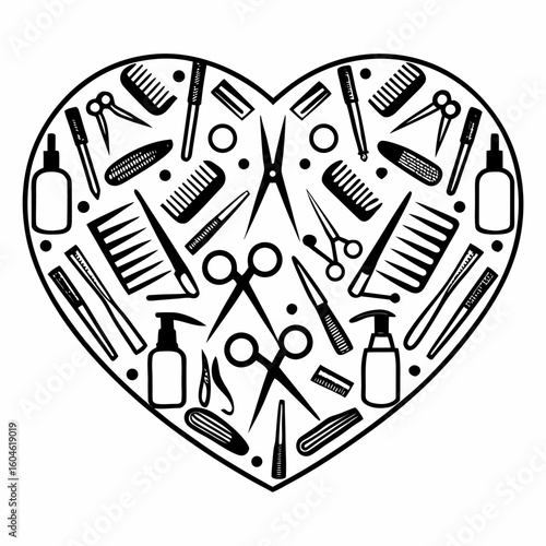 Black and white illustration of hairdressing tools arranged in a heart shape salon beauty