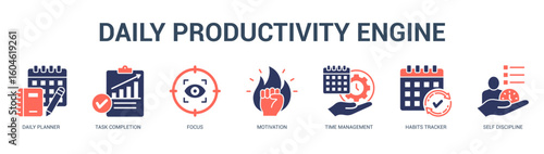 Daily Productivity Engine Modern and clean web banner illustration featuring thematic icons for visual communication