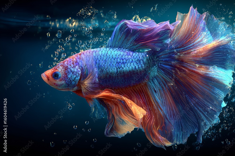 Fototapeta premium Vibrant Betta Fish with Flowing Blue and Orange Fins in Bubbles