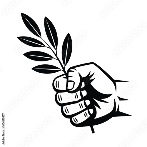 Hand holding olive branch symbol of peace black and white