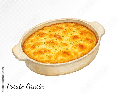 Golden crusted potato gratin in a ceramic pan, painted in cozy watercolor style with creamy filling and warm rustic tones for autumn food design. Vector illustration.