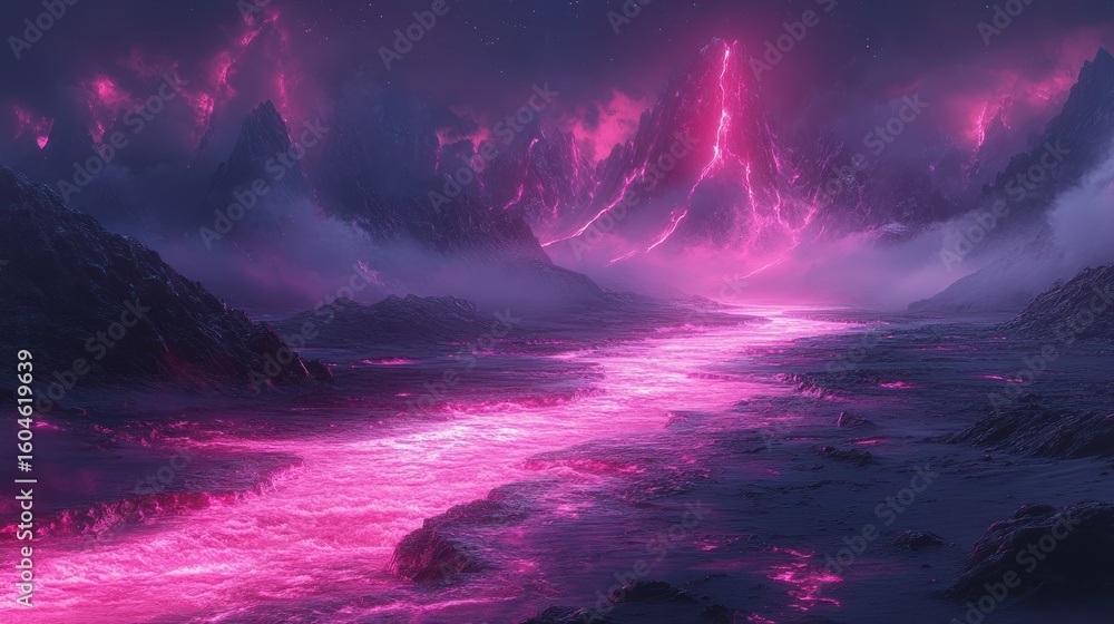 Naklejka premium Pink alien river winds through a mountainous landscape at night