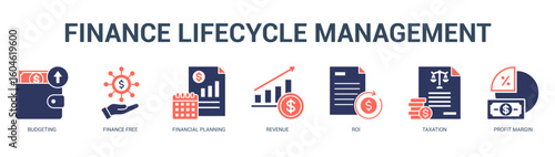 Finance Lifecycle Management Modern and clean web banner illustration featuring thematic icons for visual communication