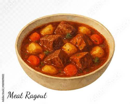 Rustic meat ragout with vegetables in a ceramic bowl, painted in cozy autumn watercolor style with warm savory tones and hearty comfort mood. Vector illustration.