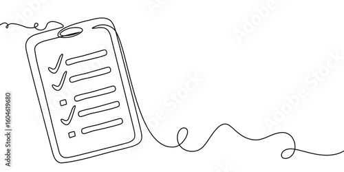 Art one line document continuous icon list illustration single check clipboard. One art line test checklist survey data pen paper vector business report doodle notebook agenda sketch board form.