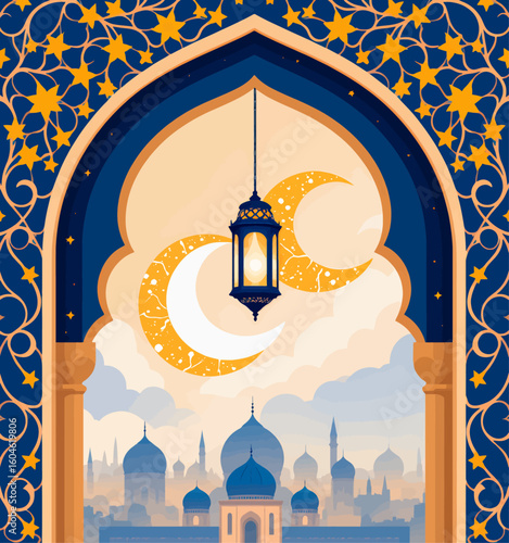 Ornate Archway with Crescent Moons and Lantern Over Cityscape