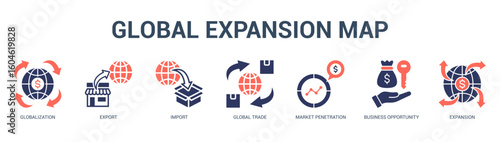 Global Expansion Map Modern and clean web banner illustration featuring thematic icons for visual communication