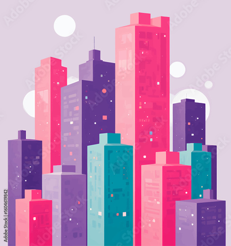 Pastel Cityscape Twilight with Neon Lights and Soft Glow