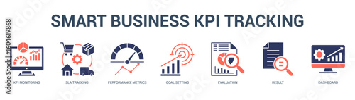 Smart Business KPI Tracking Modern and clean web banner illustration featuring thematic icons for visual communication