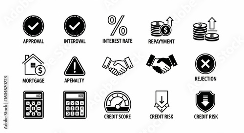 Loan and Financing Line Icon Set – Approval, Interest Rate, Repayment, Mortgage, Agreement, Credit Score, Risk Vector Illustration

