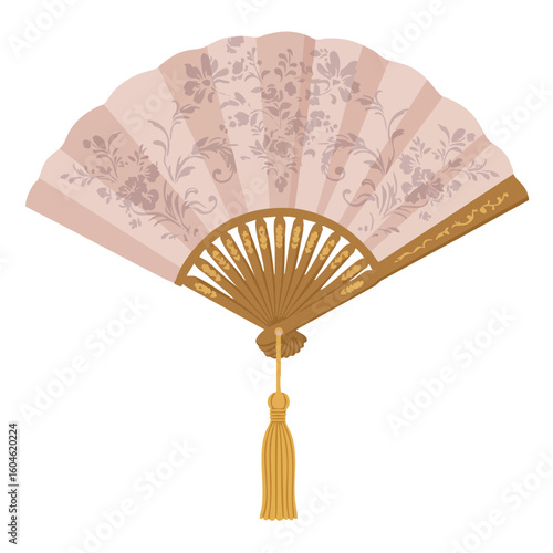 Vector illustration of fan with tassel decorative style on white background, traditional accessory