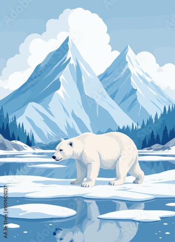 Polar Bear in Arctic Landscape with Snowy Peaks