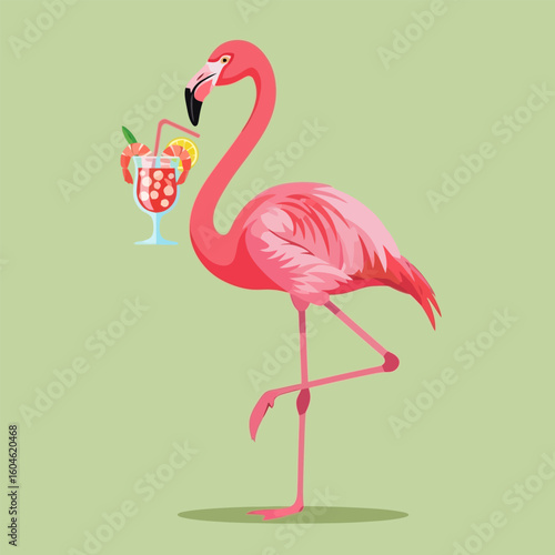 Pink Flamingo Holding Cocktail Glass on Light Green Background Vector