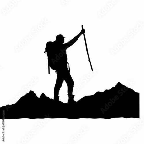 Mountain Trekker Silhouette – Adventurer with Walking Stick