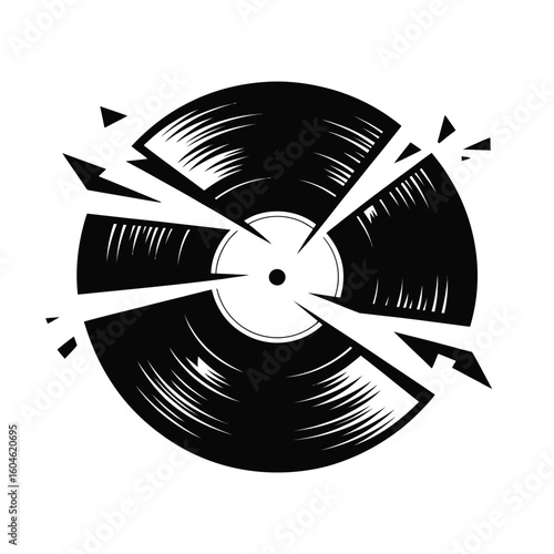 Broken Vinyl Record Illustration in Black and White Minimalist Style