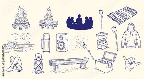 Beach bonfire and campfire vector illustration set. Hand drawn vintage line art of friends, marshmallow, hoodie, cooler, and other camping elements for outdoor and travel design projects.