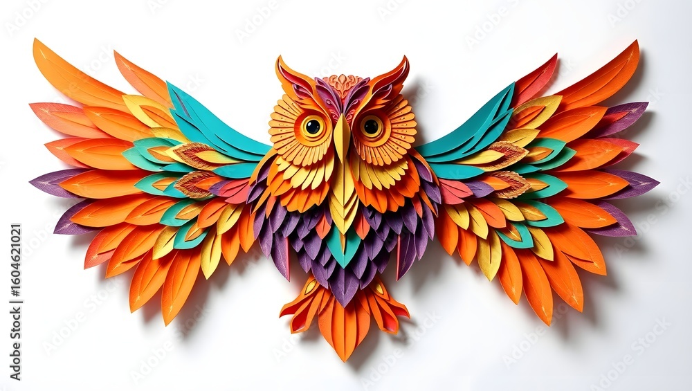 Fototapeta premium Colorful Owl Kirigami Paper Art — Intricate Layered Papercraft Design