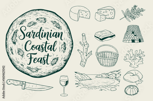 Sardinian Coastal Feast vector illustration set. Hand drawn vintage line art of traditional food, culture, and landscape elements from Sardinia, Italy for menu, travel, and design projects.