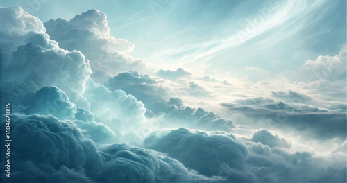 Beautiful heavenly cloudscape illustration showing majestic puffy clouds and soft light