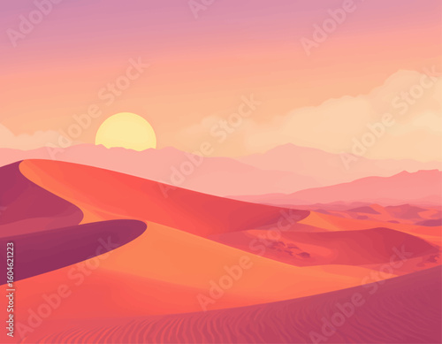 Sunset Over Sand Dunes: Warm Desert Landscape