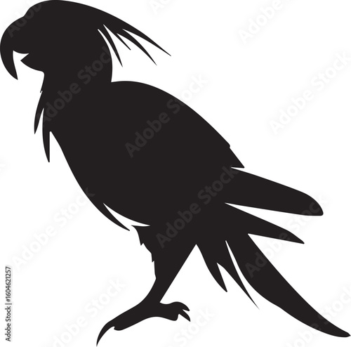 Black vector of a parrot with curved beak and tail feathers