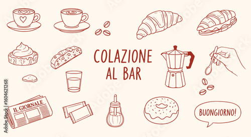 Italian Breakfast (Colazione al Bar) vector illustration set. Hand drawn line art of coffee, croissant, pastry, and newspaper for cafe, restaurant, menu, and Italian culture design.
