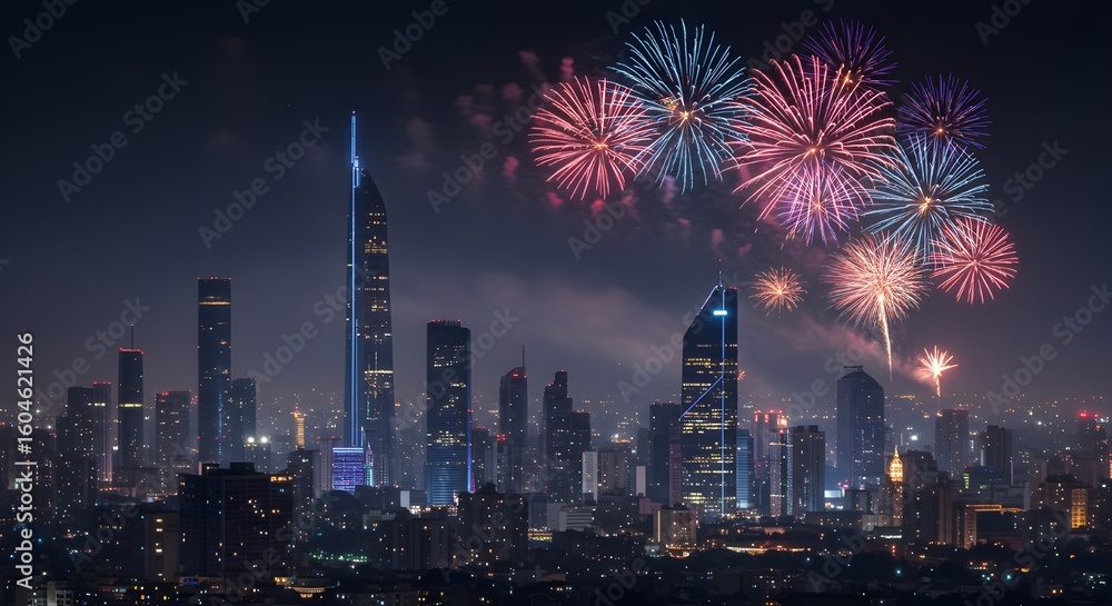 Fototapeta premium Spectacular fireworks display illuminating a modern city skyline at night during a vibrant celebration.