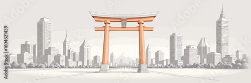 Traditional Torii Gate in Modern Cityscape with Skyscrapers and Urban Greenery
