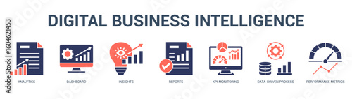 Digital Business Intelligence Modern and clean web banner illustration featuring thematic icons for visual communication