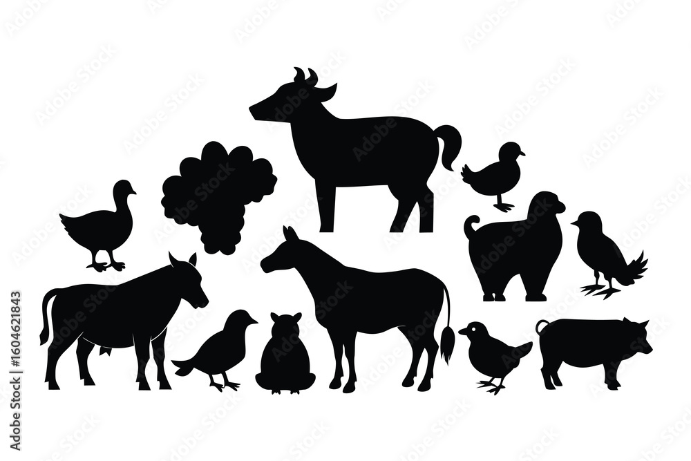 Obraz premium Farm Animals Silhouettes Collection Variety of Domestic Livestock Black Graphics on White Background Farm Life Animal Shapes Set for Design and Illustration