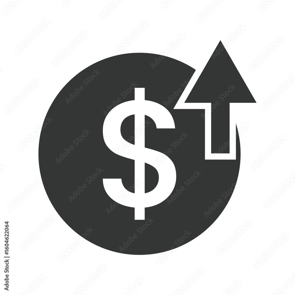 Fototapeta premium White dollar sign and upward arrow inside dark grey circle against white background