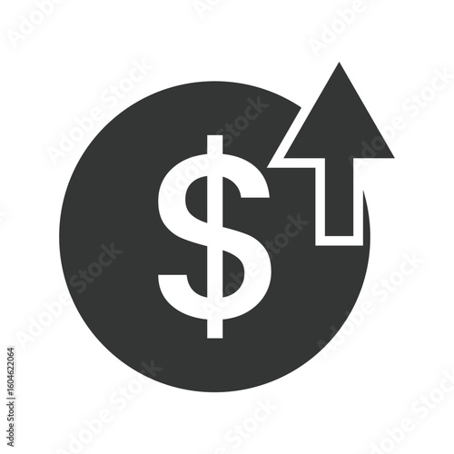 White dollar sign and upward arrow inside dark grey circle against white background